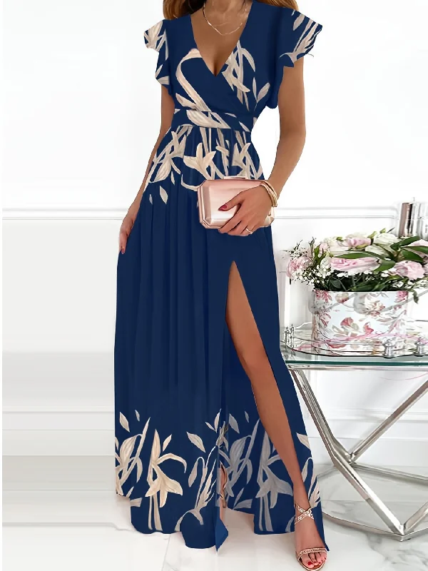 Sexy V Neck Split Long Print Short Sleeveless Waist Swing Long Dresses Tunics Luxurious high-end