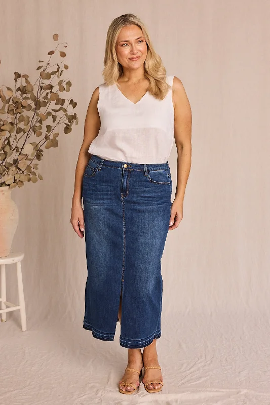 Adrift Denim Long Split Skirt in Mid Wash linen skirt light