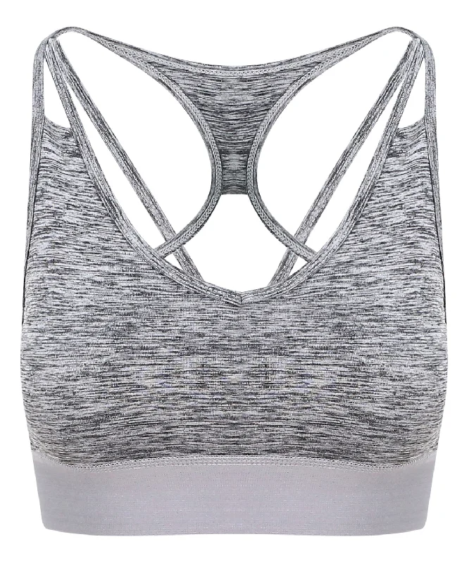 Grey Melange - Women's cross back crop top Houndstooth Herringbone Solid