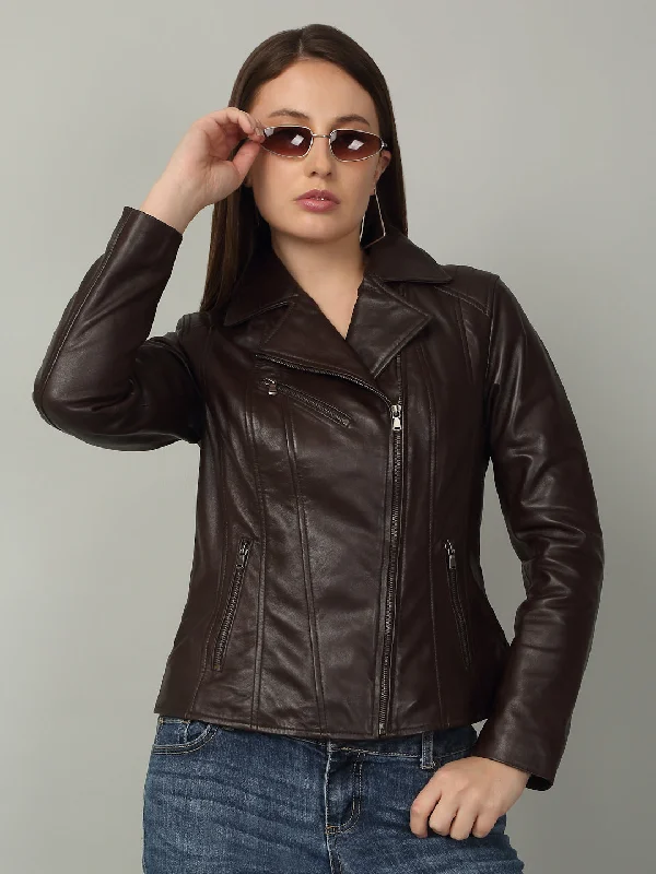 Women Classic Brown Biker Leather Jacket Tiered Jacket Buttoned Jacket Zippered Jacket