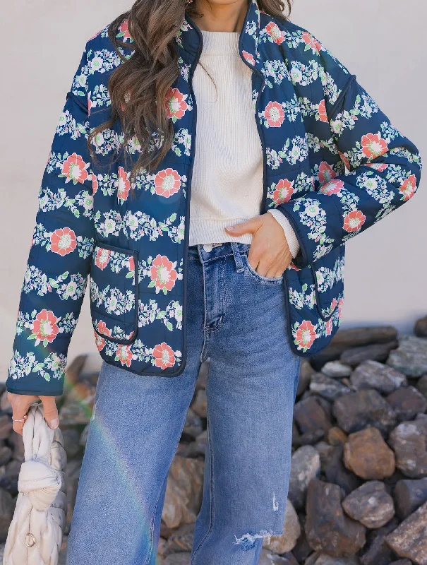 Winter Bloom Floral Print Quilted Puffer Jacket Collared Jacket Crew Neck Jacket Turtle Neck Jacket