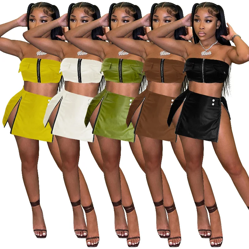 PU Leather Zippered Waistband Slit Crop Top Two-piece Skirt Set (CL11402) Real Fur Shearling Chenille