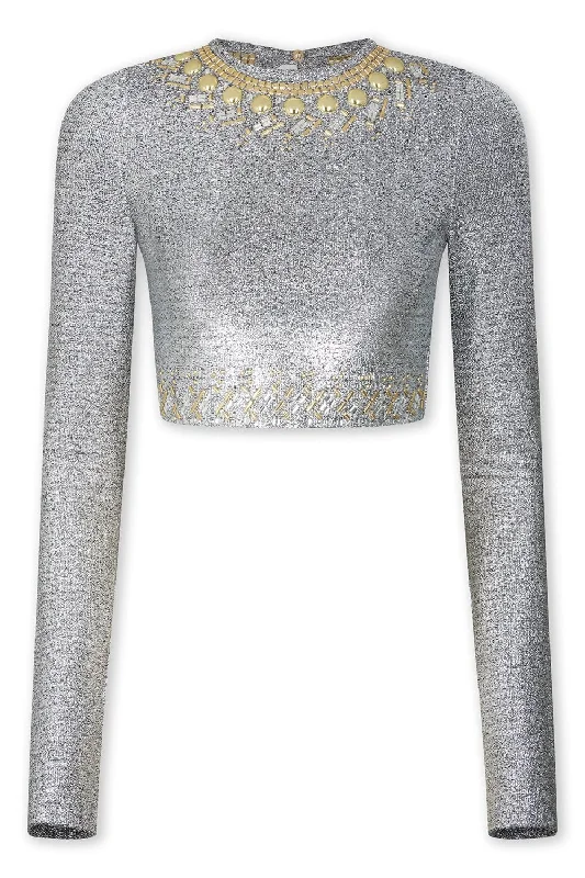 Long Sleeve Crop Top Terry Blend Velvet Blend Canvas Blend
