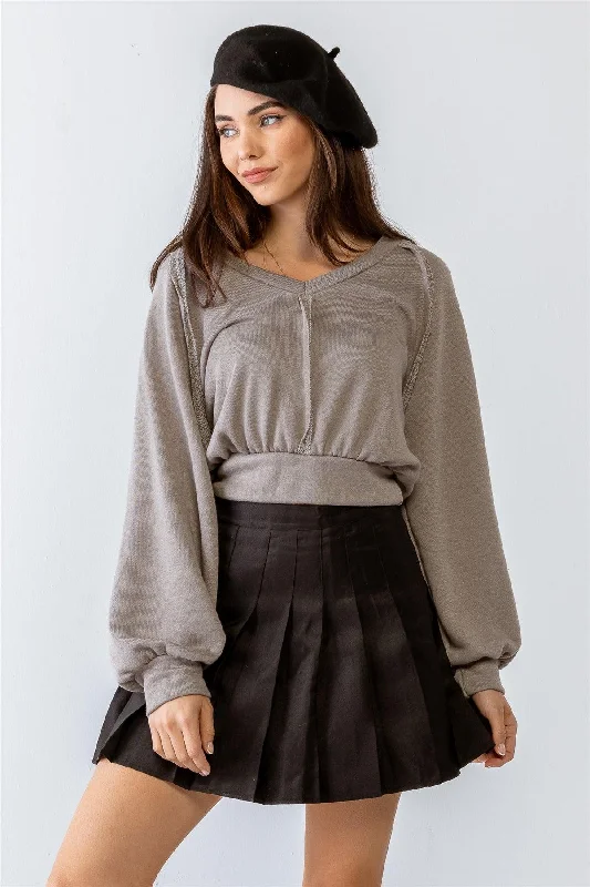 Grey Inside-Out Detail Balloon Long Sleeve Crop Top Chenille Blend Fleece Blend Nylon Blend