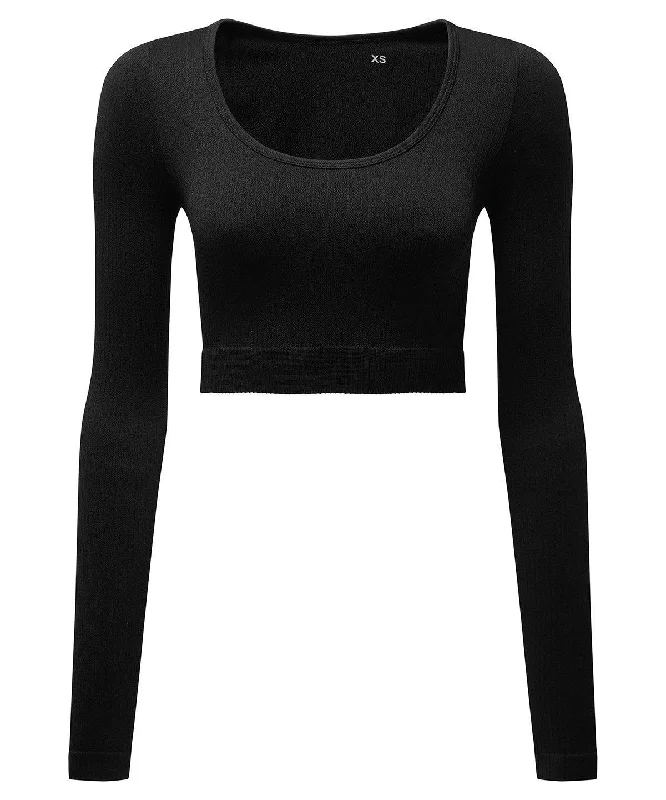 Black - Women’s TriDri® ribbed seamless '3D Fit' crop top Notch Collar Peter Pan Collar Cowl Neck