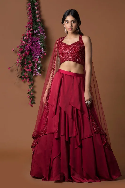 RED 32 PANELS LEHENGA CROP TOP SET WITH ATTACHED DUPATTAS Chenille Blend Fleece Blend Nylon Blend