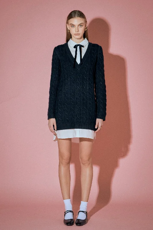 English Factory - Mixed Media Cable Knit V-Neck Drop Sweater Dress Houndstooth Herringbone Solid