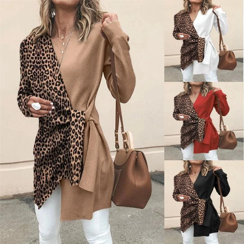 Ladies Temperament V Neck Leopard Print Hit Color Suit Personalized Women's Jacket Zippered Front Buttoned Front Snap Front