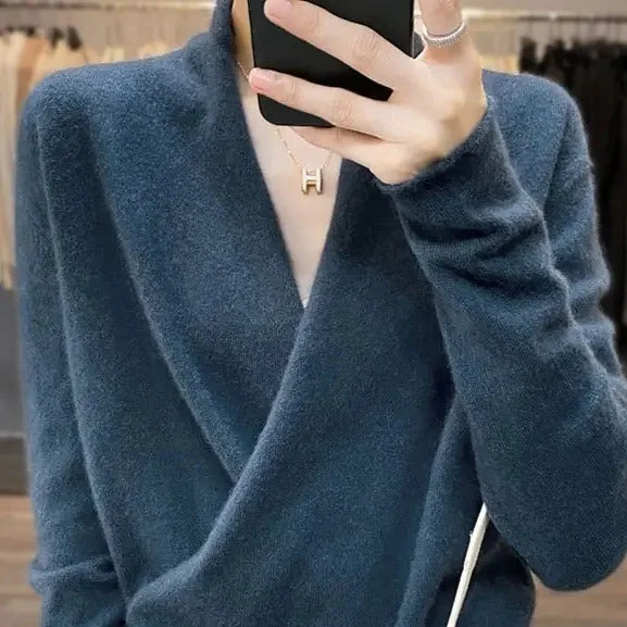 Pure Wool Rolled Top Women sweater top High Neck Crew Neck V-Neck