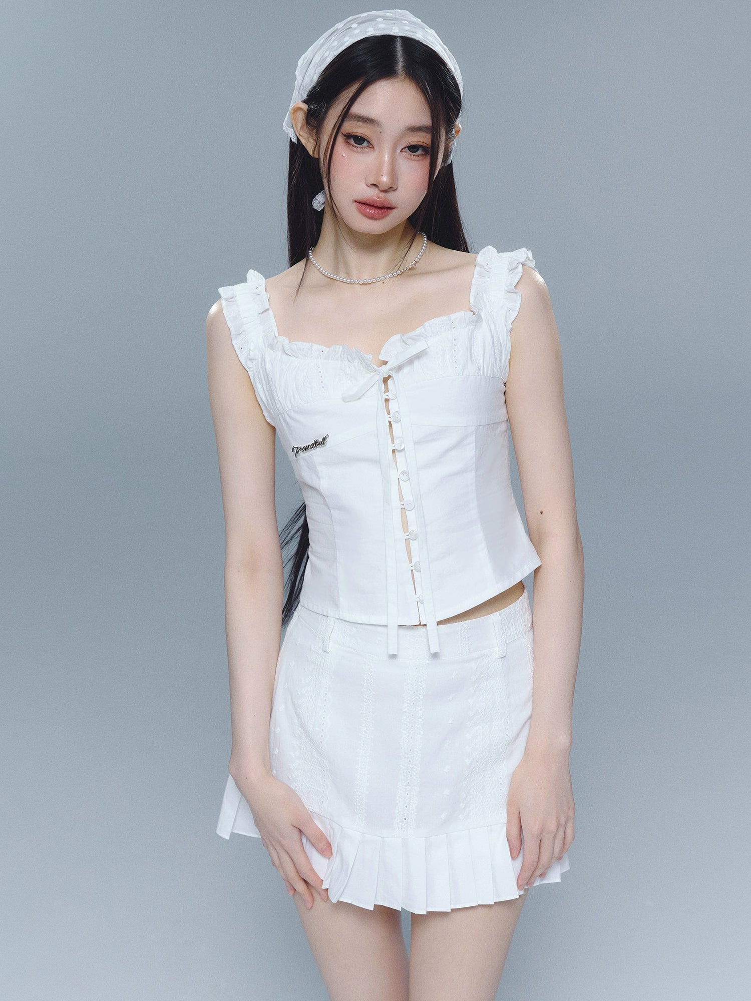 White Adjustable Drawstring Camisole Top And A-Line Skirt Set leather skirt sleek