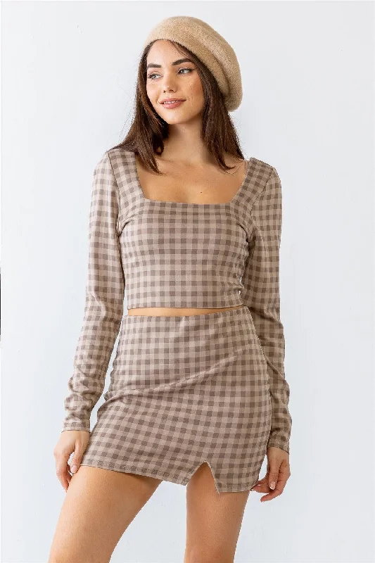 Plaid Print Square Neck Crop Top & High Waist Mini Skirt Set Casual Formal Business
