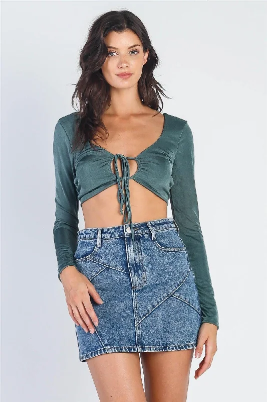 Teal Satin Effect Self-Tie Long Sleeve Crop Top /3-2-1 Print Jacquard Patchwork