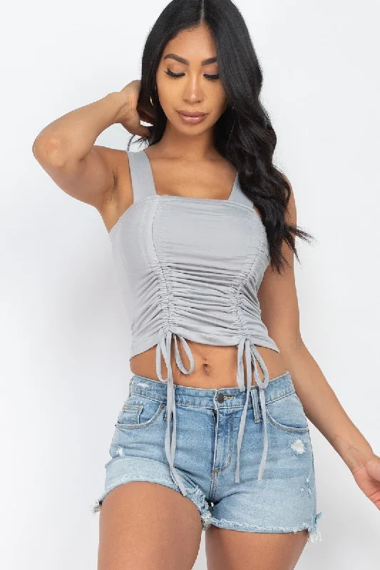 Adjustable Front Ruched With String Square Neck Crop Tops Collared Crew Neck Turtle Neck