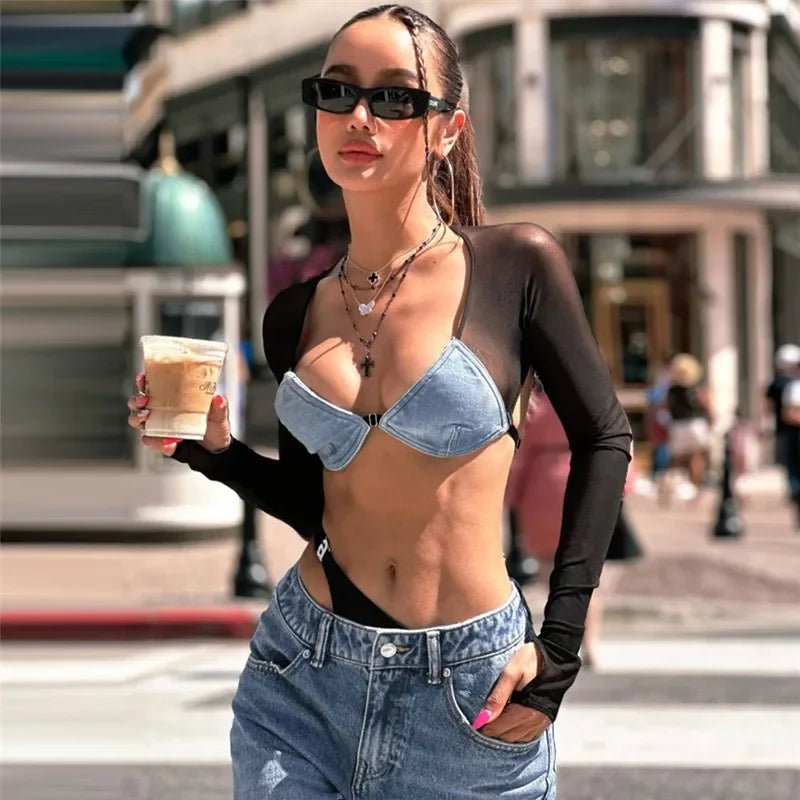 Lunivop Denim Mesh Patchwork Sheer Crop Top Women Autumn Sexy Chest Wrapped Long Sleeve Backless Hot Girls Y2k Tees Hipster Streetwear Lace Blend Ribbed Blend Corduroy Blend