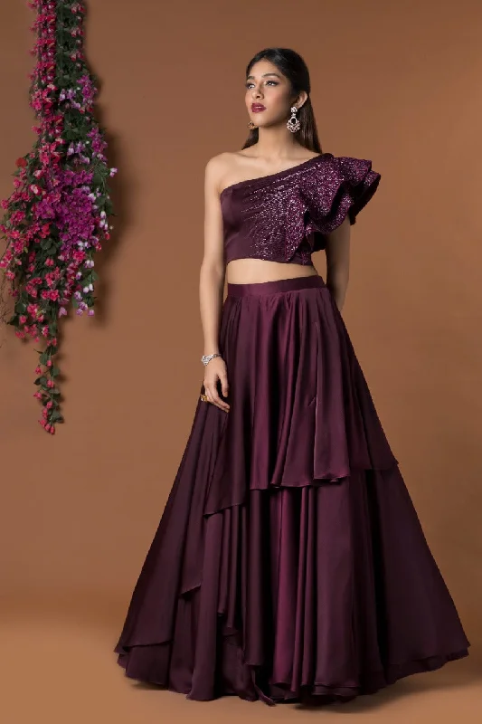 WINE RUFFLE SLEEVES CROP TOP & LAYERED LEHENGA SET Fashionable Trendy Casual