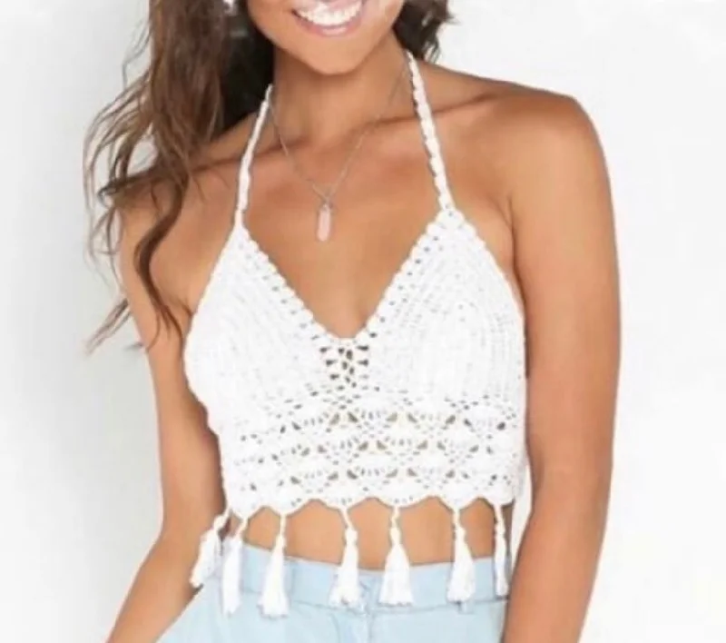 BOHO Fringe Tassels Crop Top With Beads Mesh Canvas Denim