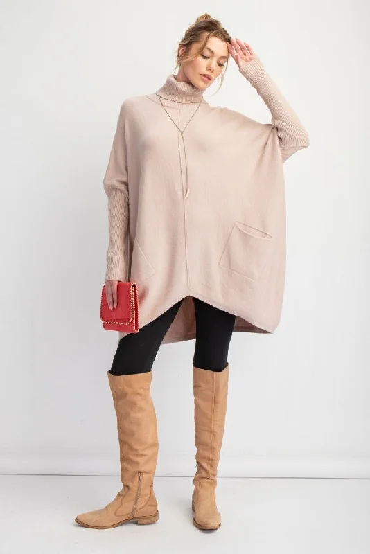 Long Beige Sweater with Pockets Tailored Straight A-Line