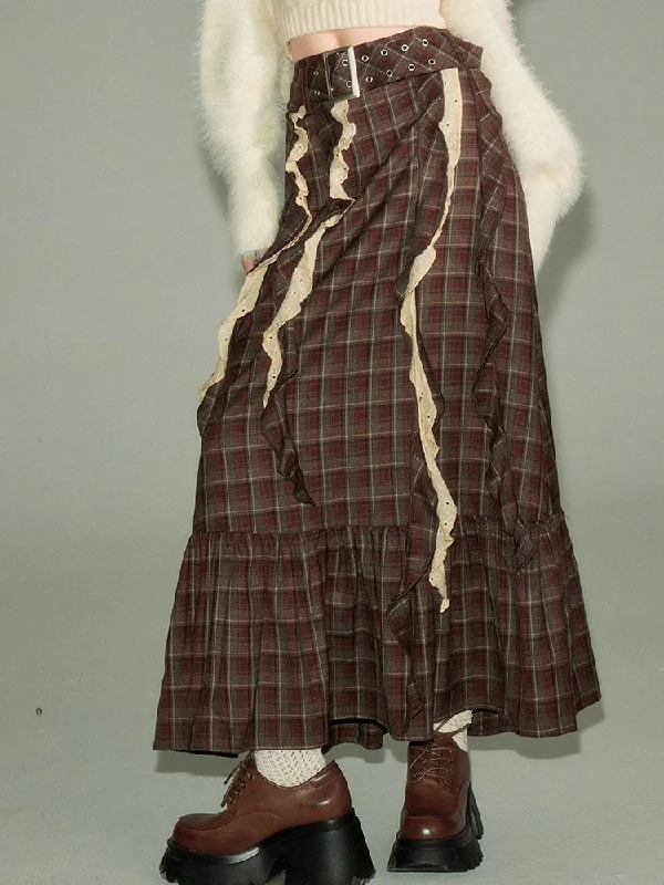 Plaid Frill Flounce Skirt denim skirt casual