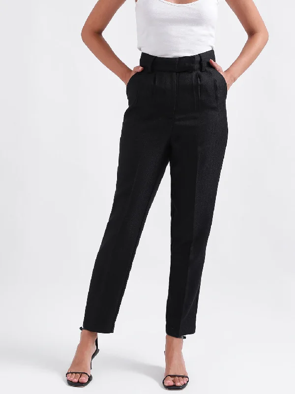 Iconic Women Black Solid Regular Fit Trouser Trousers Striped Patterned