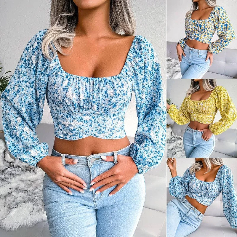 Floral Print Long Sleeves Square Collar Crop Top 8396 Boxy Fit Fitted Loose