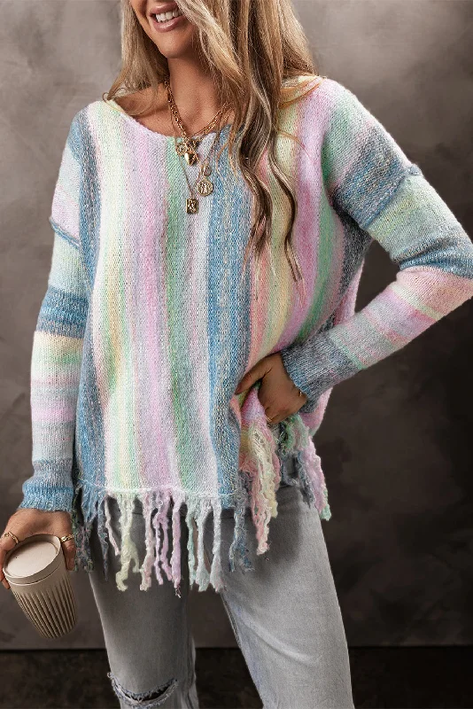 Rainbow Fringe Sweater Handmade Hand-knitted Hand-woven