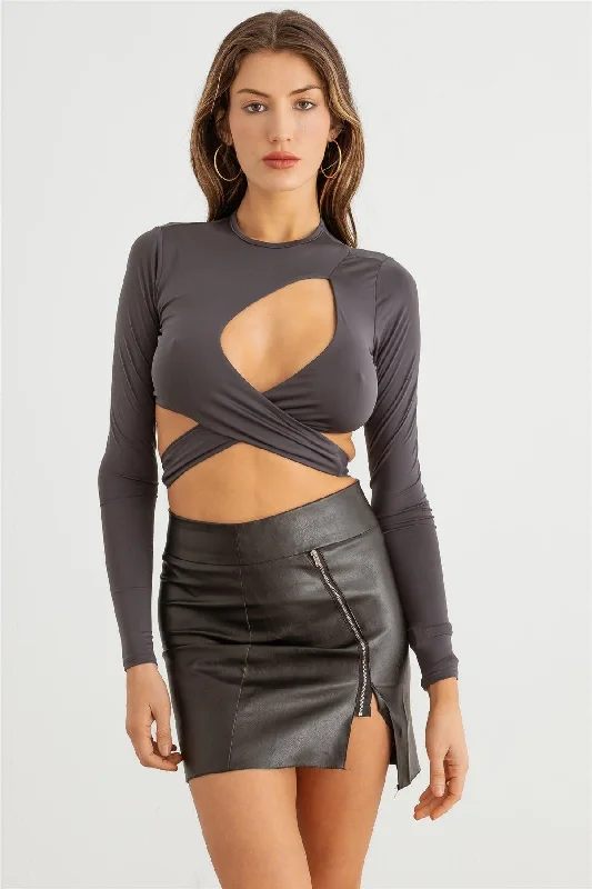 Cut-Out Self Back Tie Long Sleeve Crop Top Thin Crop Top Open Front Quick Dry