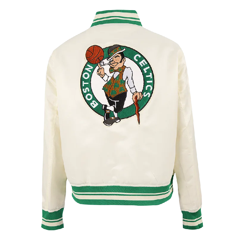 NBA BOSTON CELTICS RETRO CLASSIC WOMEN'S RIB SATIN JACKET (EGGSHELL/ KELLY GREEN) Tailored Jacket Straight Jacket A-Line Jacket