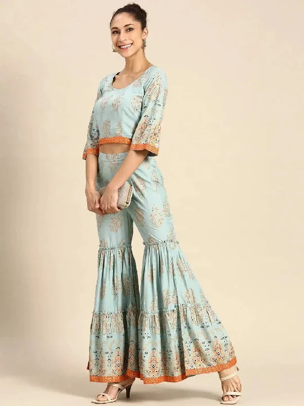 Crop top with sharara in Light Blue Satin Fabric Silk Fabric Chiffon Fabric