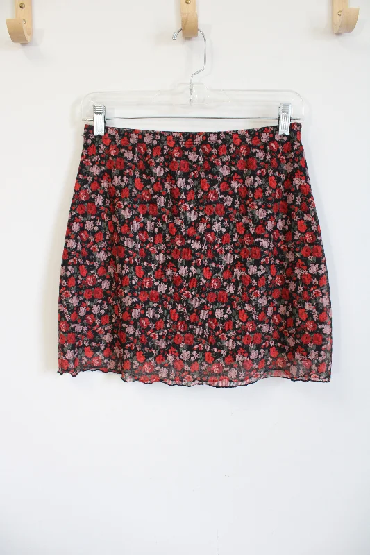 Shein Red and Pink Floral Mini Skirt | M corduroy skirt cozy