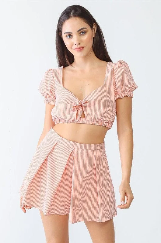 Stripe Self-Tie Crop Top High Waist Bottom Shorts Set Summer Crop Top Casual Short Sleeve