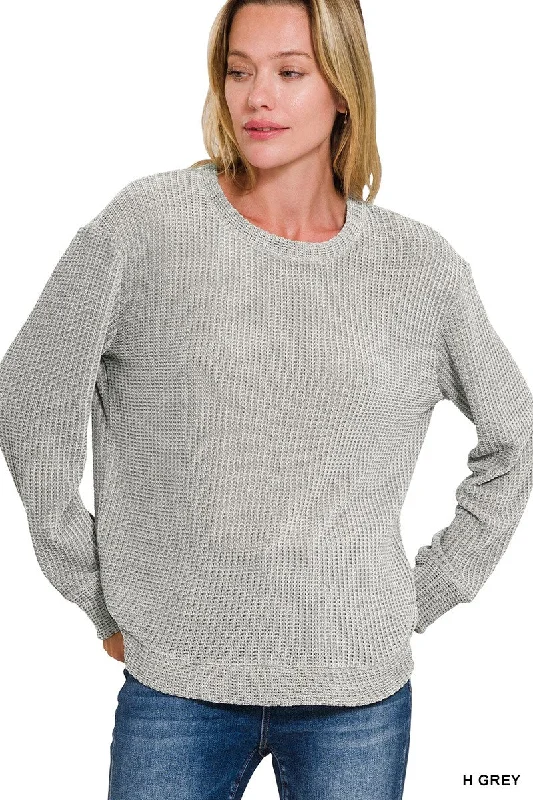 Its Over My Head Grey Chenille Waffle Sweater (Size Large) Cable Knit Ribbed Knit Lace Knit