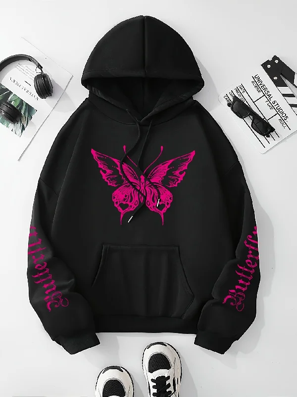 Chic Butterfly & Letter Graphic Hoodie - Comfy Drawstring Design with Kangaroo Pocket, Versatile Casual Wear for Women Hoodie with Batwing Sleeves Loose Dramatic