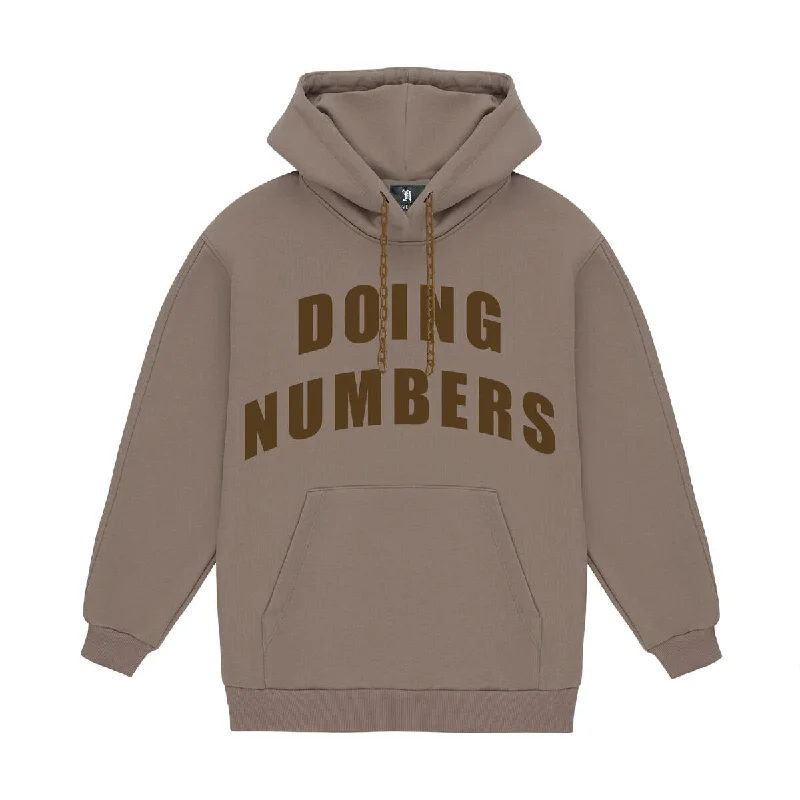 November Reine DOING NUMBERS HEAVYWEIGHT CHAIN HOODIE (TAUPE/BROWN) Hoodie with Hem Raw Edge Edgy Unfinished