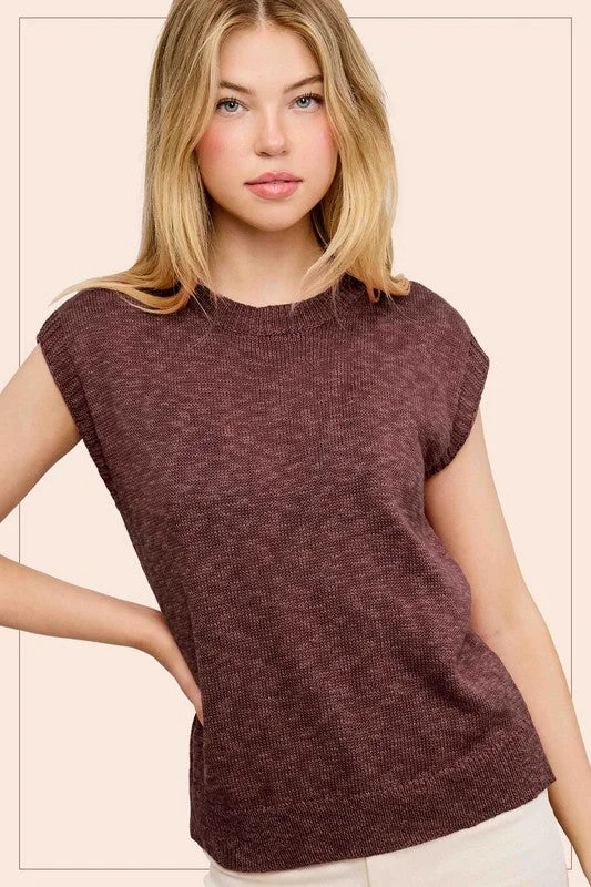 Treasured Times Chocolate Sleeveless Ribbed Knit Sweater Top Boxy Sweater Fitted Sweater A-Line