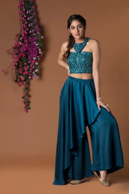 TEAL DRAPED PANTS & CROP TOP SET Silk Blend Satin Velvet