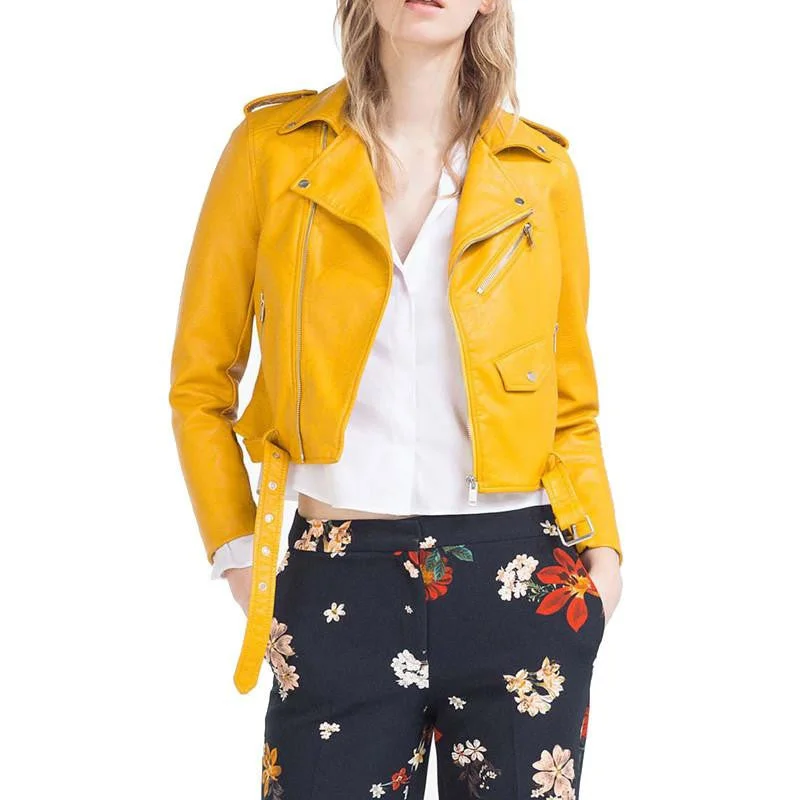 Short Jacket Zipper Fashion Faux Leather Moto Biker Womens Leather Epaulet Belt Basic Coat Women Outwear Coat Nylon Fabric Polyester Fabric Spandex Fabric