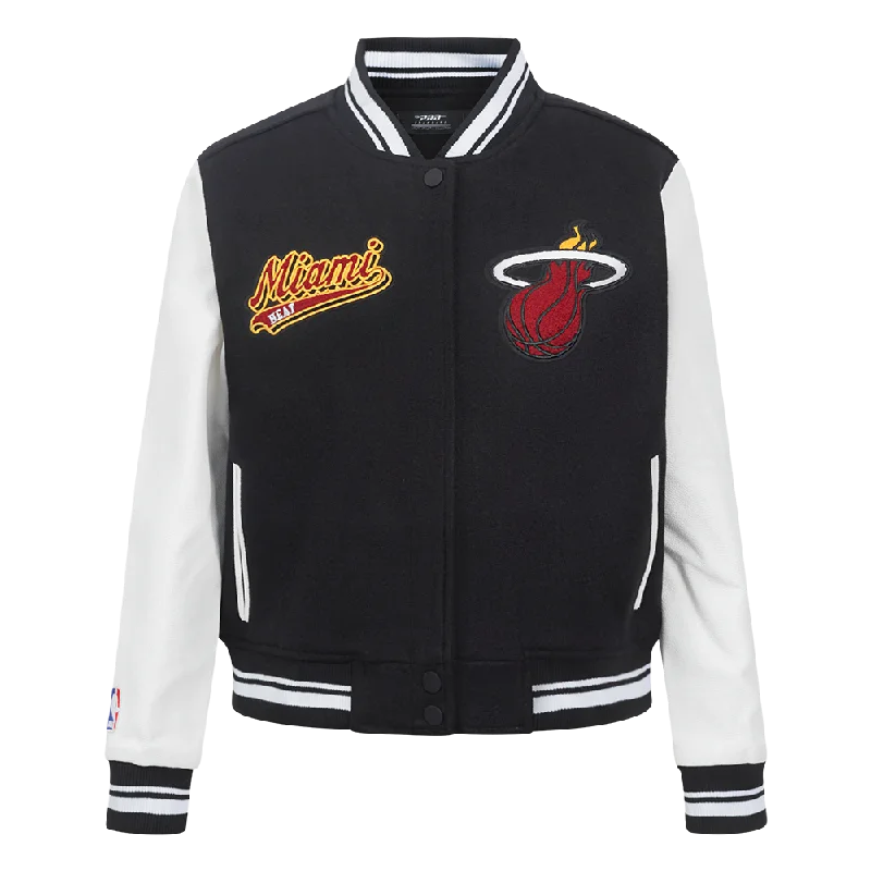 NBA MIAMI HEAT SCRIPT TAIL WOMEN'S WOOL VARSITY JACKET (BLACK/WHITE) Hooded Jacket Caped Jacket Shawl Collar Jacket