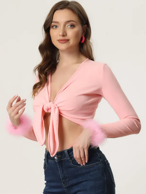 Tie Front Long Sleeve Faux Feather Cuff Open Navel Crop Top Casual Formal Business