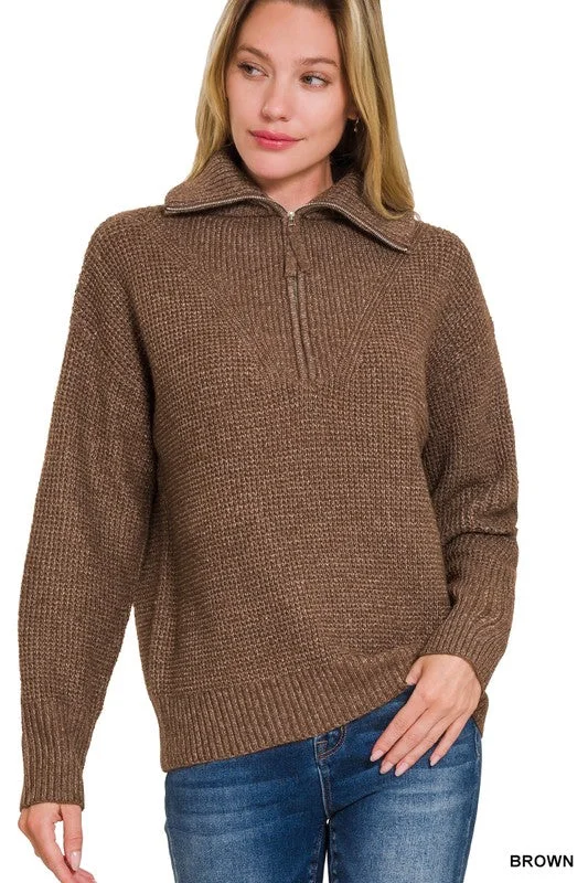 Zip It Up High Collar Brown Sweater (Size Large) Glossy Satin Silk