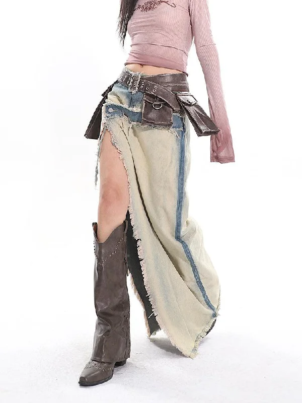 Light Blue High-Waist Long Denim Slit Skirt velvet skirt plush