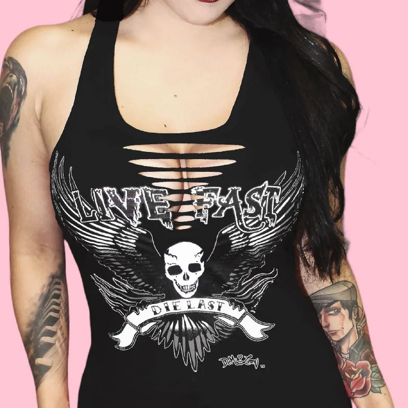 Live Fast Sexy Slashed Racerback Biker Tank in Goth Black [Sizes SM-2X] fitness tank top