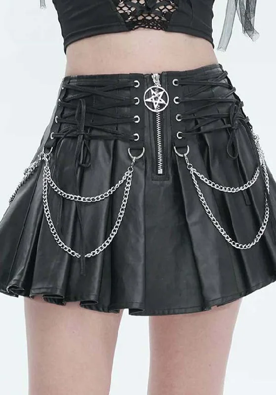 Devil Fashion Gothic Punk Pleated Mini Skirt - Black Faux Leather with Corset Lacing, Zipper Front, and Chain Accents boho skirt vibe