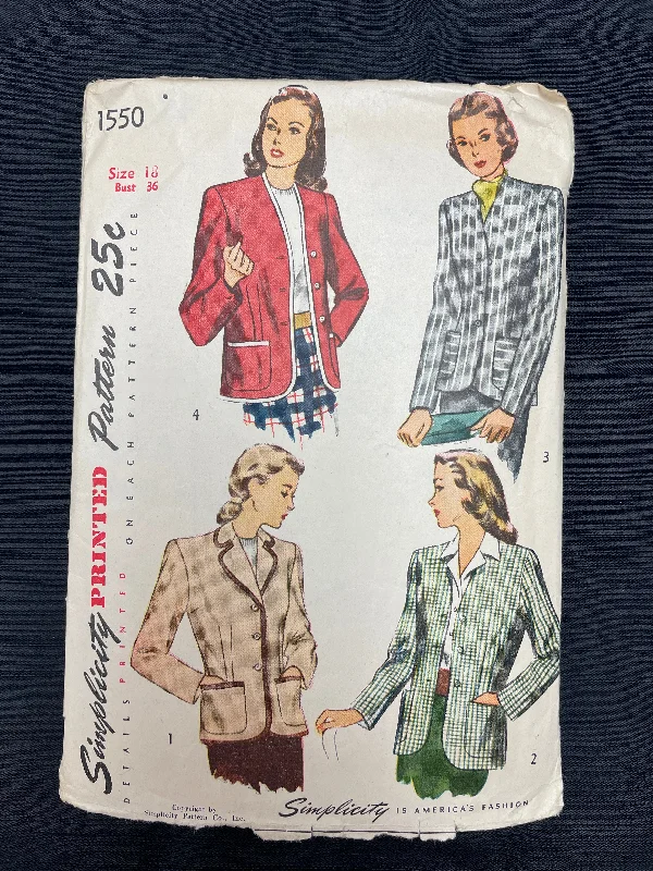 1945 Simplicity 1550 Pattern - Jacket Fitted Jacket Loose Jacket Oversized Jacket