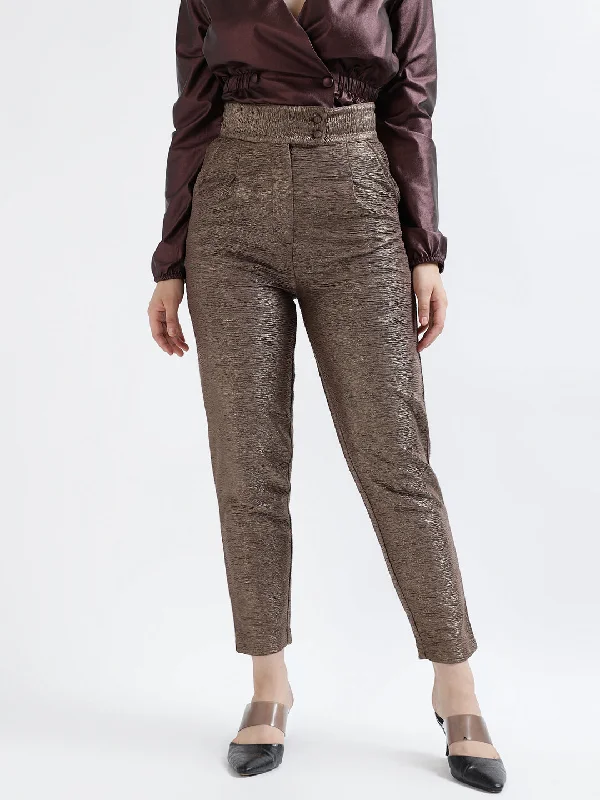 Centre Stage Women Copper Solid Slim Fit Trouser Wide Leg Loose Fit Mid Waist