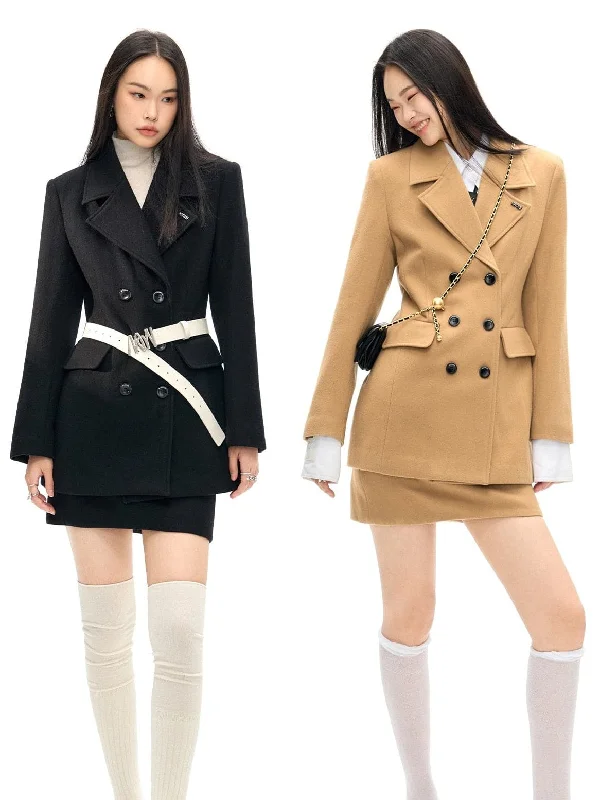 Double Button Wool Coat ＆ Mini Skirt velvet skirt plush