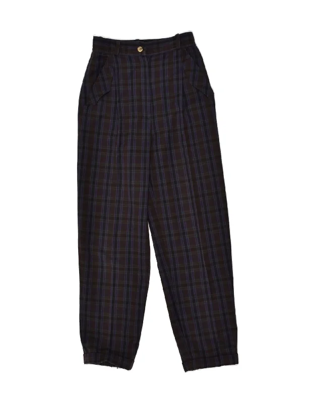 VINTAGE Womens Tapered Casual Trousers IT 40 Small W24 L27 Navy Blue Check Trousers Print Floral