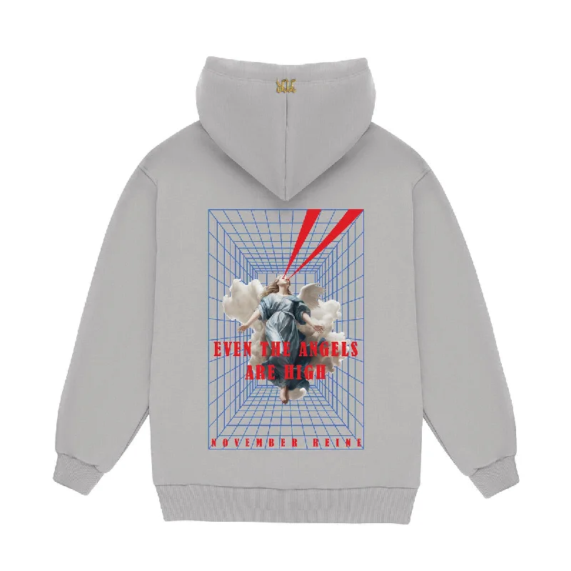 November Reine HIGH ANGEL HEAVYWEIGHT CHAIN HOODIE (GREY AND RED) Hoodie with Hem Contrast Bold Stylish