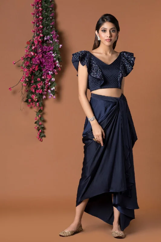 NAVY BLUE DRAPED SKIRT & CROP TOP SET Cozy Warm Stylish