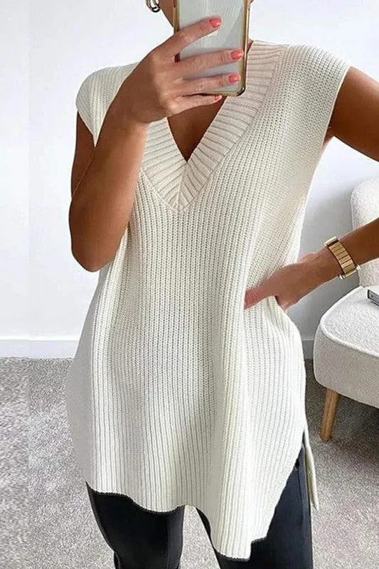 Reflect On The Memories White Sleeveless Sweater Top Ribbed Striped Patterned