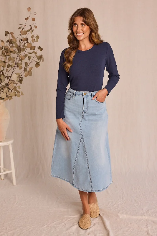 Adrift Denim Midi Skirt in Light Wash cashmere skirt rich